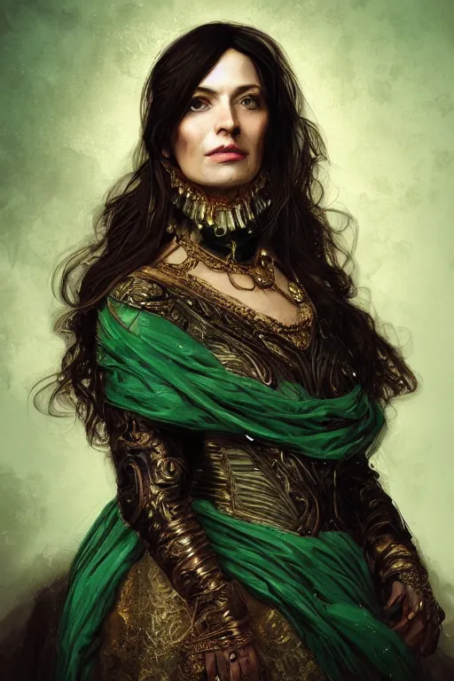 Prompt: portrait, headshot, digital painting, of a 17th century, beautiful, middle aged, middle eastern, wrinkles, decadent, cyborg noble woman, dark hair, amber jewels, baroque, ornate dark green opulent clothing, scifi, futuristic, realistic, hyperdetailed, concept art, chiaroscuro, side lighting, art by waterhouse