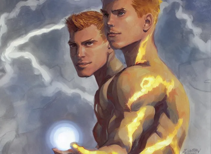 Image similar to a highly detailed beautiful portrait of johnny storm [ fantastic four ] [ human torch ], by gregory manchess, james gurney, james jean