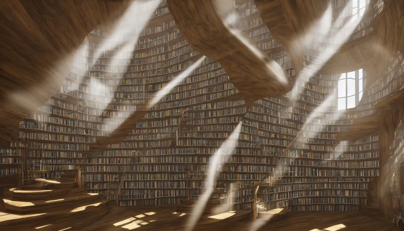 Prompt: 3 d huge hall full of windows streaming sunlight, spiralling staircase and shelves full of books, strong shadows, full colour, hyper realistic photo, unreal engine, upscale, 8 k, masterpiece,