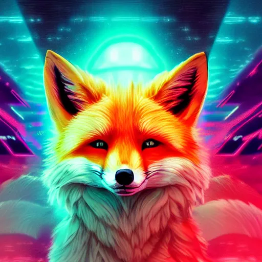 Prompt: digital fox, pure retrowave palette, digital world, highly detailed, electric breeze, anatomically correct vulpine, synth feel, fluffy face, ear floof, flowing fur, super realism, accurate animal imagery, 4 k digital art