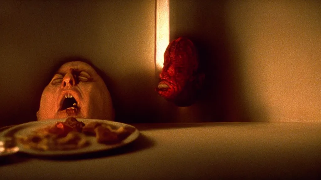 Prompt: the face with the plate of food under my bed, film still from the movie directed by denis villeneuve and david cronenberg with art direction by salvador dali and zdzisław beksinski, wide lens