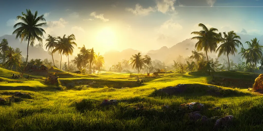 Image similar to lively sunny landscape of a kerala village realistic detailed digital art by maxwell boas jessica rossier christian dimitrov anton fadeev trending on artstation, zaha hadid, cgsociety, rendered in unreal engine 4 k hq