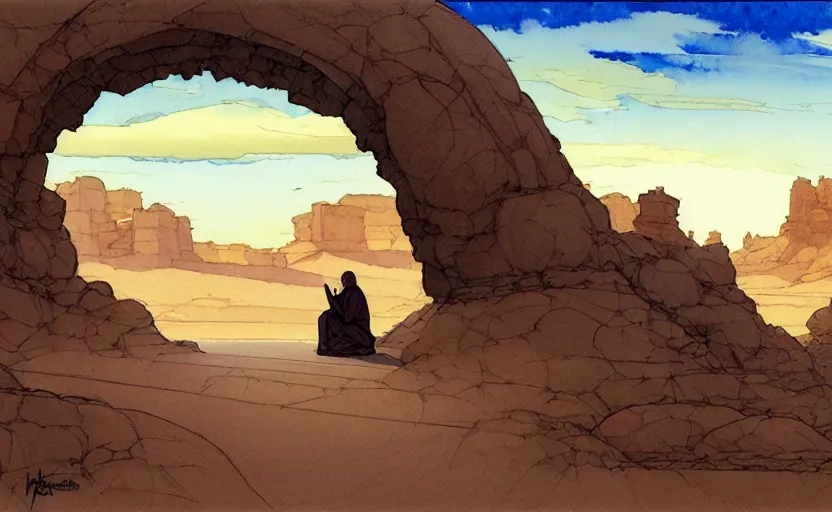 Image similar to a hyperrealist watercolour concept art of a desert night. through a large rock arch is a time portal to a clear blue sky. a medieval monk in grey robes is kneeling in prayer below it on a desert road at night. by rebecca guay, michael kaluta, charles vess and jean moebius giraud. high detail, hq, wide shot