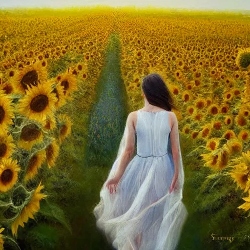 Image similar to a dreamy vision of girl slowly walking through amazing tall sunflower field, her hair flowing down, fog, subtle, intricate details, real masterpiece, oil on canvas, by somsak anong