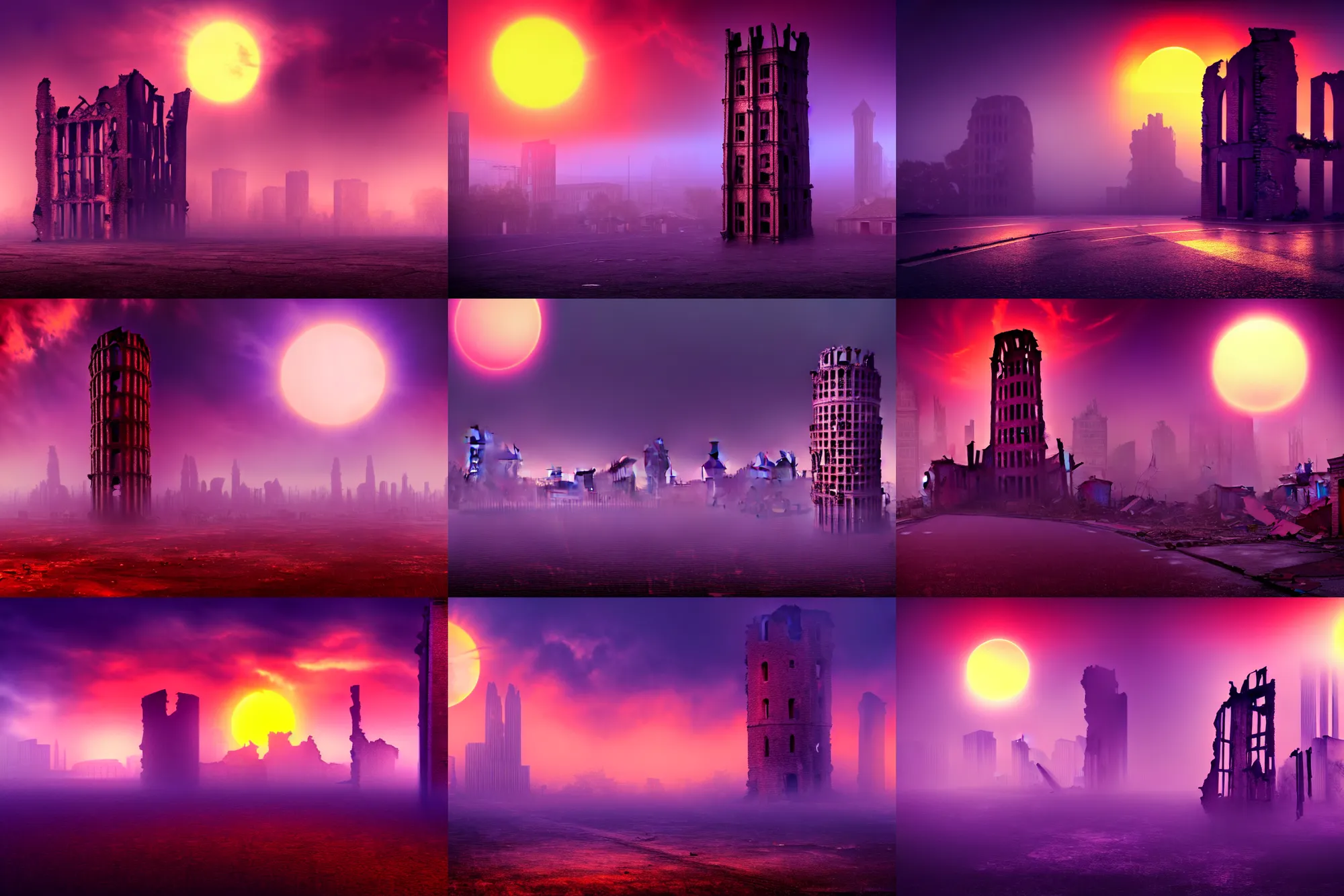 Image similar to Stunning photorealistic background of a city in ruin in a strange purple dimension with a large red sun looming in the distance on a rainy and foggy day, A large tower stands in the center of the crumbling buildings, parallax background