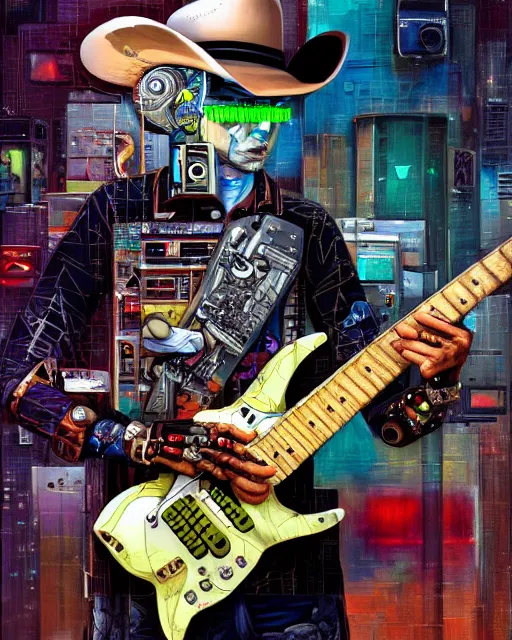 Image similar to a portrait of an anthropomorphic cyberpunk cowboy shredding an electric guitar by sandra chevrier, by jon foster, detailed render, tape deck, epic composition, cybernetics, 4 k realistic, cryengine, realistic shaded lighting, sharp focus, masterpiece, by enki bilal