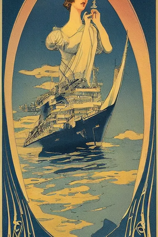 Prompt: Beautiful Art Nouveau print of a ship crossing the vast ocean