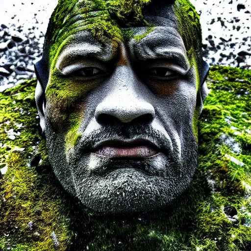 Prompt: a grey mossy rock with the face of dwayne johnson, shot on iphone 1