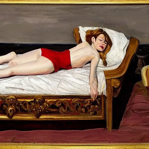 Image similar to painting of emma stone!!! on a victorian bed in a big old room, wide shot by lucian freud