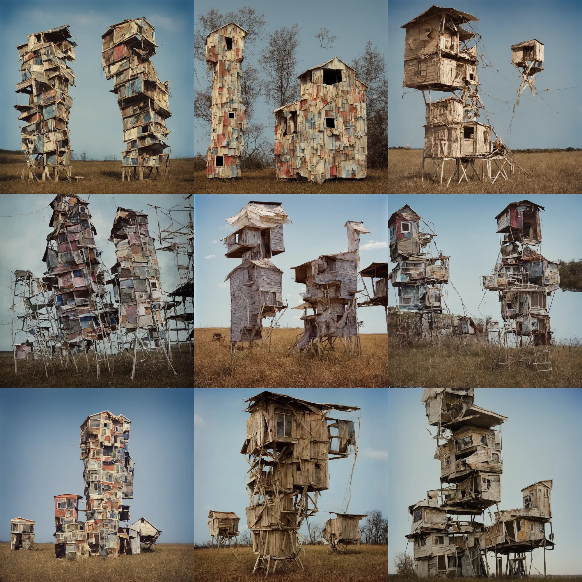 Prompt: a tower made up of suspended makeshift squatter shacks with bleached colours, mamiya, 8 5 mm, f 1. 7, fully frontal view, uniform plain sky, light leaks, digital glitches, photographed by julie blackmon