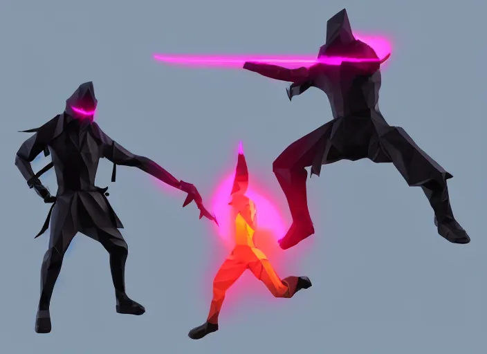 Image similar to low poly model of a neon ninja in an epic battle with a demon, sci-fi, cinematic, 12k, unreal engine