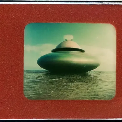 Prompt: tic tac shaped alien vessel hovering over water, real Polaroid photo