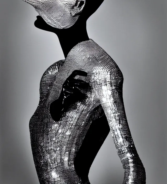 Prompt: photography of seductive actress audrey hepburn wearing an exraordinnary but element dresse by * iris van herpen *. accent lighting,, highly detailed, photography by paolo roversi, nick knight, helmut newton, avedon, araki