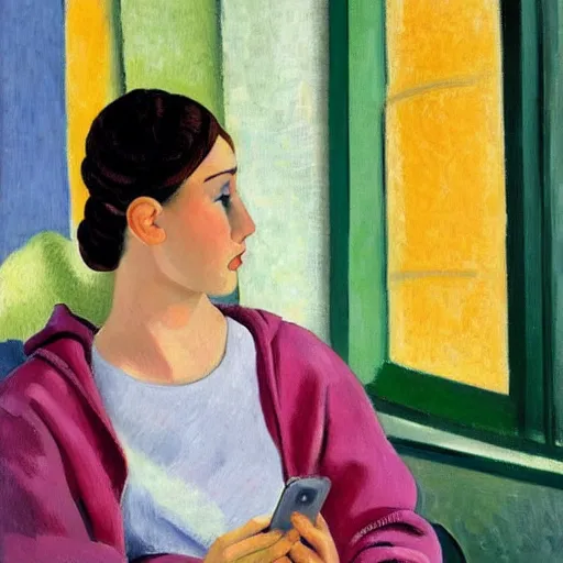 Image similar to early morning. a young woman wearing a cozy hoodie, with double buns hairstyle is texting on her smartphone. sunlight is entering through the window and beautifully lighting the face. depth of field, backlit, closeup, oil on canvas, art by henri matisse 1 9 4 4, in the style of dance by henri marisse, 1 9 1 0, smooth, fauvism, 2 k