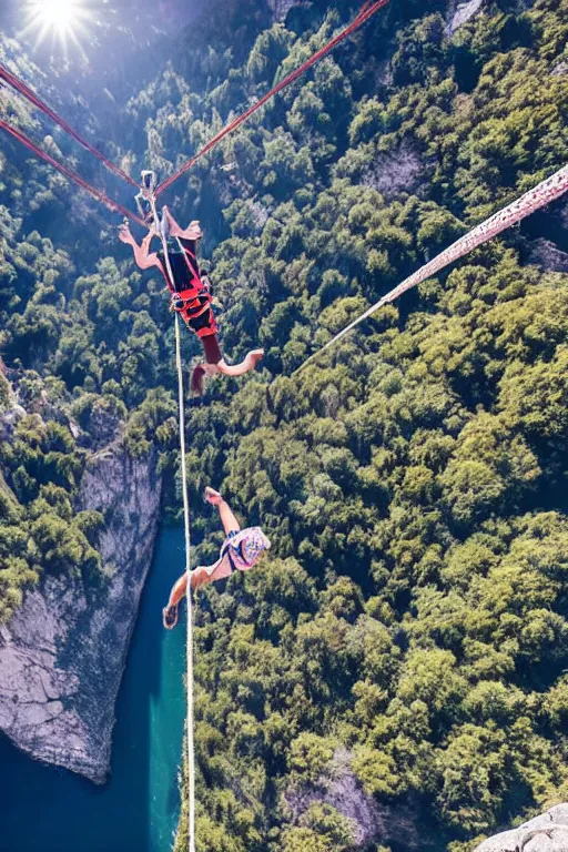 Image similar to bungee jump of a tiger suspended by a large parachute jumping from a mountain cliff, wide angles lens