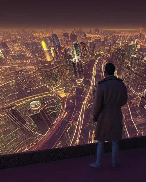 Image similar to extremely detailed unreal engine 3d render of a night rooftop scene, neon lights in the city below, close up shot of a photorealistic gangster wearing a trench coat looking at the city below, global illumination