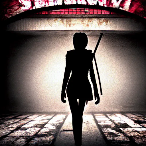 Image similar to supermodel in silent hill, heaven's night nightclub, 8 k, realistic, fashion photography