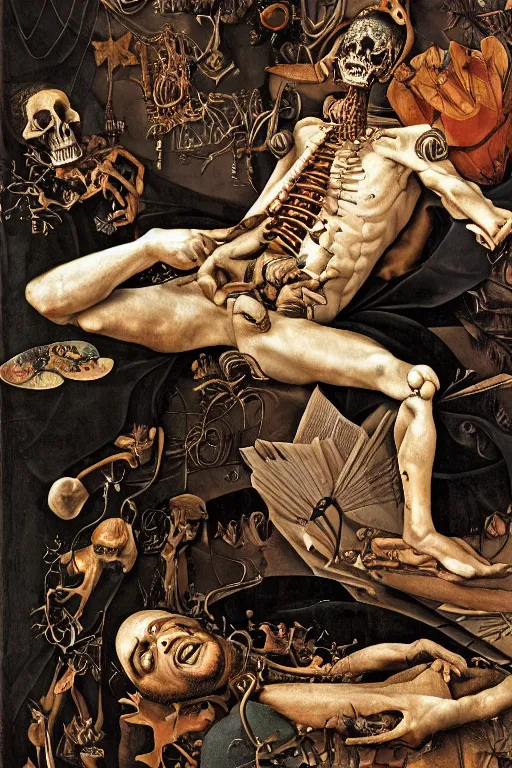 Prompt: Detailed maximalist portrait a man lying on bed with the boogie man hovering over him. exasperated expression, botany bones, HD mixed media, 3D collage, highly detailed and intricate, surreal illustration in the style of Caravaggio, dark art, baroque