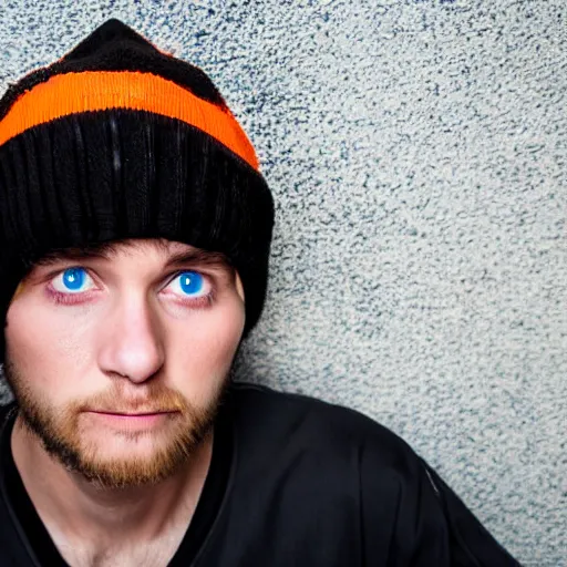 Image similar to close-up a 25 year old man wearing a black winter hat and a orange jail inmate tshirt, inside a underground facility, blue eyes, hideous, side lighting, Jan Kalous, D-55240