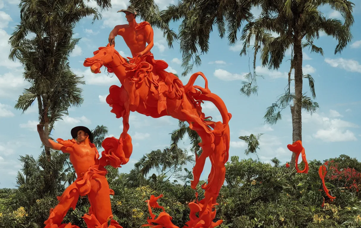 Image similar to a cowboy turning into blooms. tropical sea slugs, tractor tires. complementary colors. minimalism. national geographic. 8 k, rendered in octane, smooth gradients. sculpture by antonio canova. red accents. by slim aarons, by zhang kechun, by lynda benglis