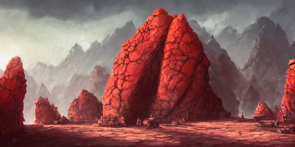 Prompt: a naturally reddened outcropping of stone juts out of the salted crag, matte oil painting, colored merchant tents, retrofuturistic science fantasy, rpg, epic, extremely detailed, sharp focus, 4 k