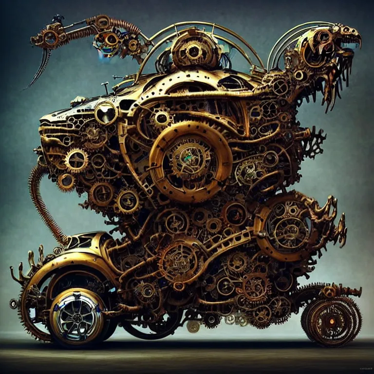 Prompt: biomechanical shiny steampunk vehicle reminiscent of fast sportscar with robotic parts and (glowing) lights parked in ancient lush palace, gothic and baroque, brutalist architecture, ultradetailed, creepy ambiance, fog, artgerm, giger, Intricate by Ellen Jewett and Josan Gonzalez and Giuseppe Arcimboldo