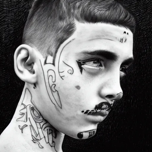 Prompt: a detailed portrait of a boy with a face tattoo, art illustration, incredibly highly detailed and realistic, 8 k, sharp focus