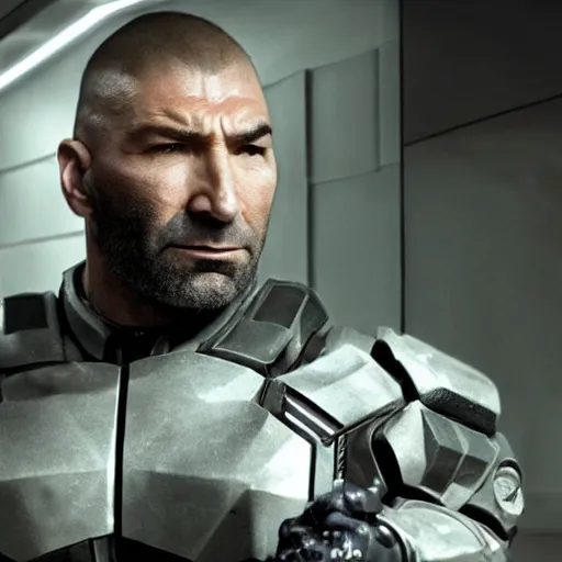 Image similar to Dave Bautista as Gunther Hermann, film still from Deus Ex movie, detailed, 4k