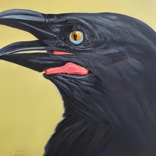 Prompt: oil painting of a cackling crow that looks like kamala harris