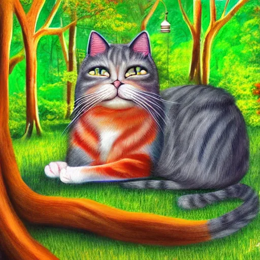 Prompt: digital painting peaceful spiritual cat wondering about life, green forest and roots in the background, colorful, vibrant,