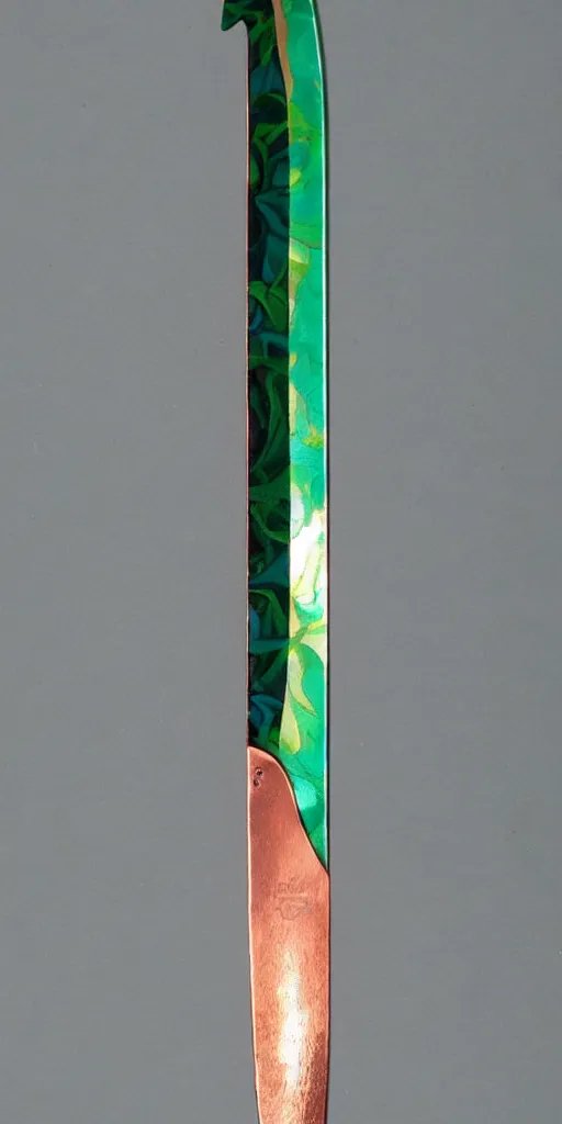 Image similar to a sword made from flower petals in the style of zdzisław beksinski, elegant, thin, polished blade, copper and emerald