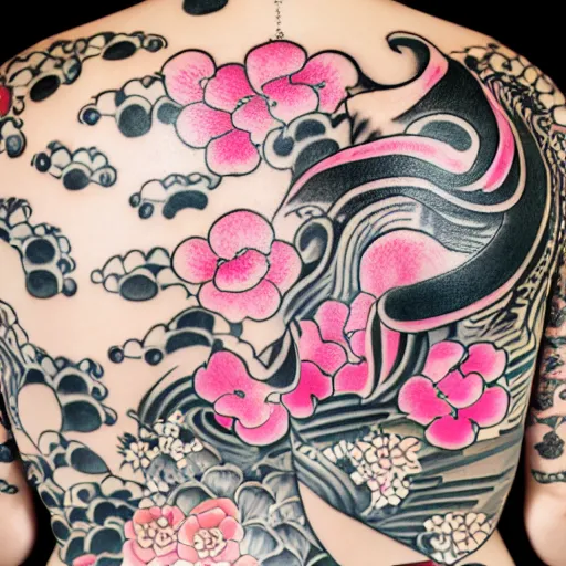 Prompt: photography of the back of a woman with an detailed irezumi tatto representing a tiger with pink flowers on her entire back, mid-shot, editorial photography