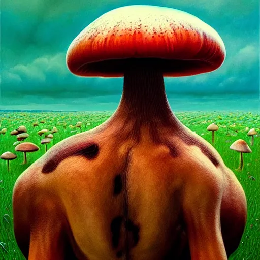 Image similar to photo of a many mushrooms sprouting from a cow's back. highly detailed, digital painting, artstation, smooth, sharp focus, masterpiece, illustration, horror art by michael whelan, dariusz zawadzki, wayne barlowe, zdzisław beksinski