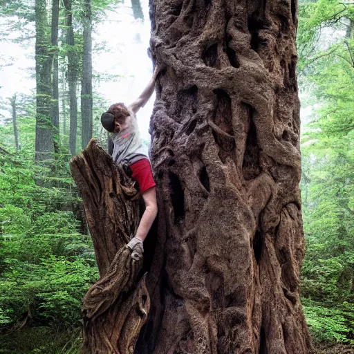 Image similar to a young hiker accidentally carves his name into the bark at the base of a gigantic ancient tree ent creature's leg, which looks down at him from high above angrily, trending on artstation hyperreal - h 1 0 2 4