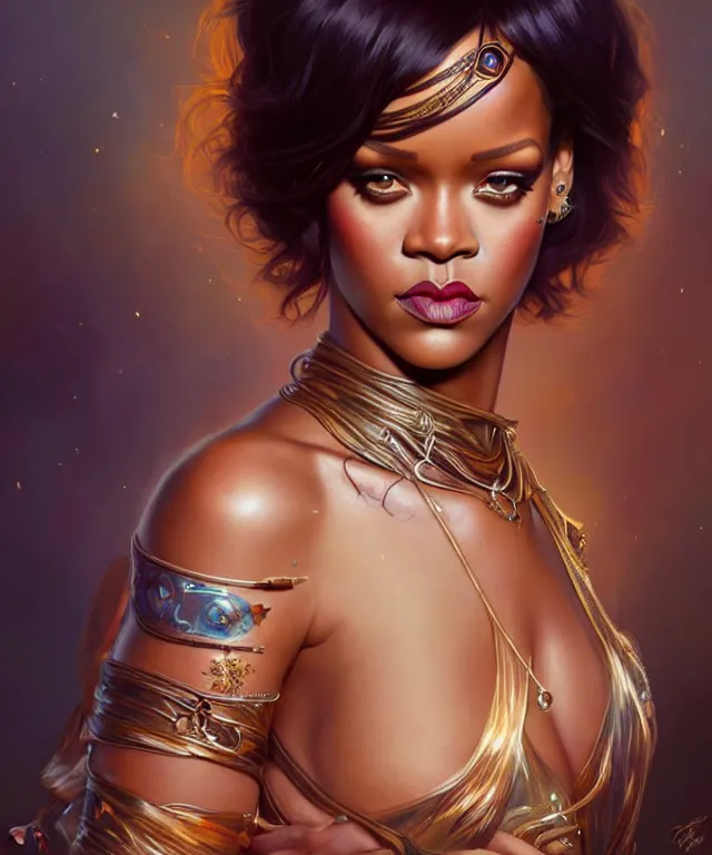 Image similar to Rihanna as a fantasy magic woman portrait, sci-fi, amber eyes, face, long hair, fantasy, intricate, elegant, highly detailed, digital painting, artstation, concept art, smooth, sharp focus, illustration, art by artgerm and greg rutkowski and alphonse mucha