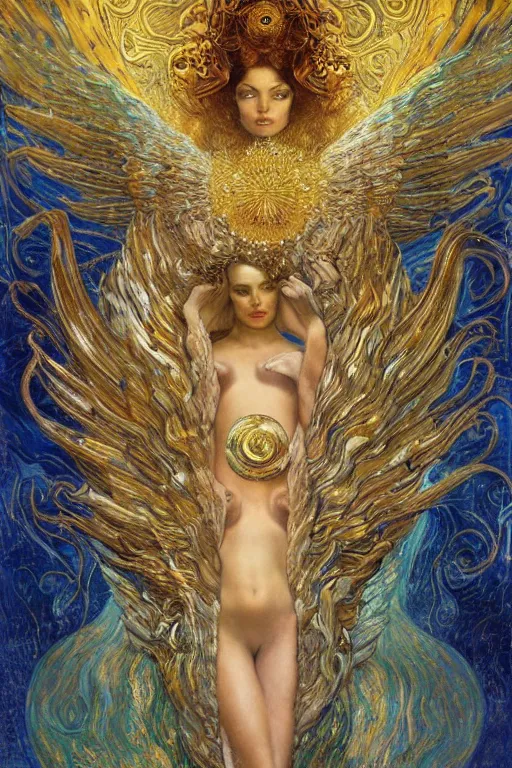 Image similar to Visions of Paradise by Karol Bak, Jean Deville, Gustav Klimt, and Vincent Van Gogh, visionary, otherworldly, celestial, fractal structures, infinite angel wings, ornate gilded medieval icon, third eye, spirals, heavenly spiraling clouds with godrays, airy colors