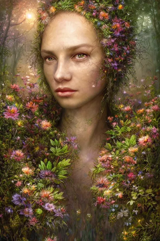 Image similar to a stunning ultra detailed fantasy fine art closeup photo of trinx ebros surrounded by blooming floral foliage, fireflies!!, by tomasz alen kopera, igor morski and anna dittman, misty night, very detailed, deep depth of field, 8 5 mm lens, soft lighting, artstation, highly coherent, 8 k