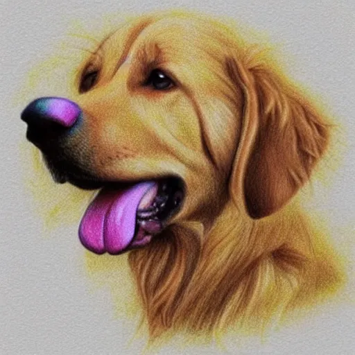 Image similar to finished drawing of a golden retriever, crayons. high details, low poly, artstation trending