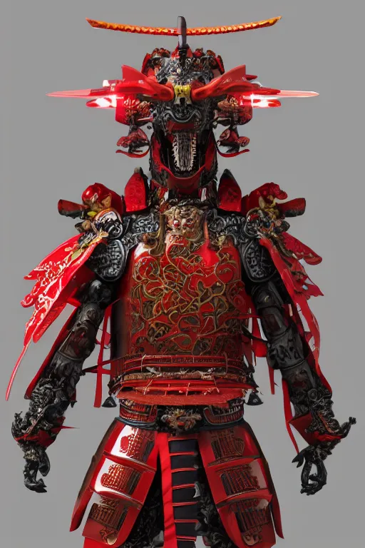 Prompt: full body portrait of a mechanical dragon samurai in red japanese armor, Records of the Three Kingdoms, photography, trending on artstation, ultra detailed, octane render, unreal engine 5, 8k