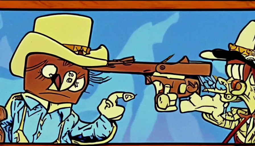 Prompt: 1990s cartoon show screenshot about a gunslinging owl from the wild west, wearing a cowboy hat an eye mask, standing in an old west town the animated show