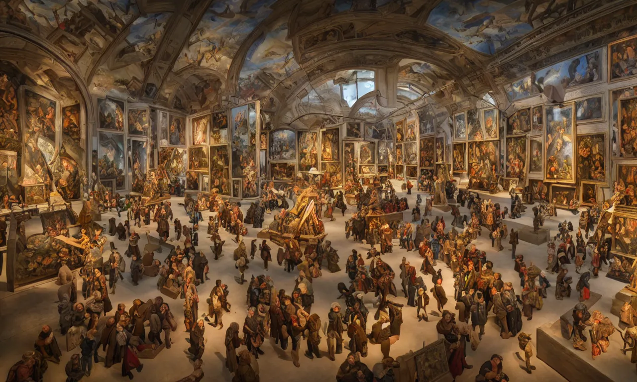 Prompt: an exhibition hall of a museum of renaissance works of art, full of glass showcases with incredibly detailed dioramas of human dreams, fused into exoxide, very high detail, raytracing, back light, raymarching, render by ilm, vfx quality by digital domain, fx by weta digital