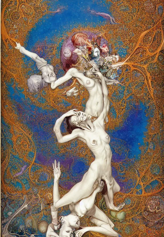 Image similar to simplicity, elegant, colorful blue djinn bodies and bones radiating from fractal, orchids, flowers, mandala, white bones, by h. r. giger and esao andrews and maria sibylla merian eugene delacroix, gustave dore, thomas moran, pop art, chiaroscuro, biopunk, art nouveau