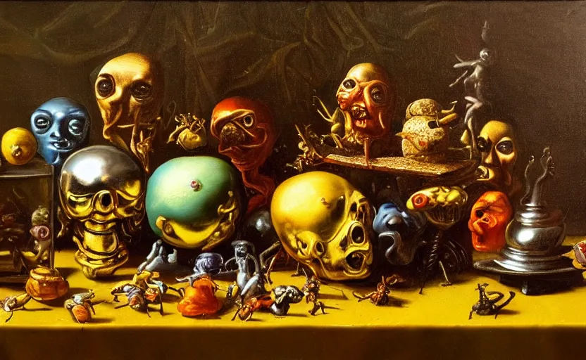 Image similar to disturbing colorful oil painting dutch golden age vanitas still life with bizarre humanoid faces strange objects shiney gooey surfaces shiny metal bizarre insects rachel ruysch dali todd schorr very detailed perfect composition rule of thirds masterpiece canon 5 0 mm, cinematic lighting, photography, retro, film, kodachrome