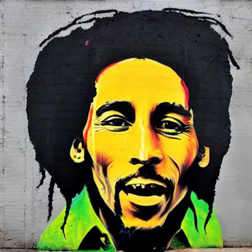 Prompt: Street-art portrait of Bob Marley in style of Banksy, photorealism