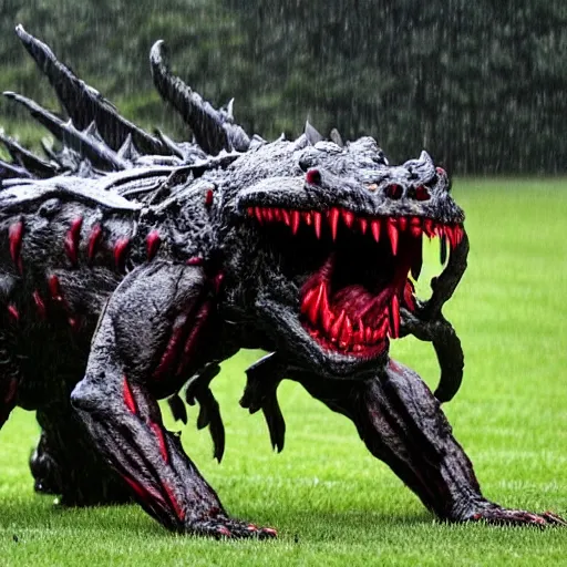 Image similar to a monster from predator is chasing joe biden on the white house lawn during a storm, dramatic