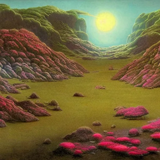Prompt: a landscape on the moon with many craters, barren moon landscape, a broken moon lander, in a big crater at the center there is a beautiful flowering garden, 8 k, lowbrow in the style of martin johnson heade, roger dean and daniel merriam,