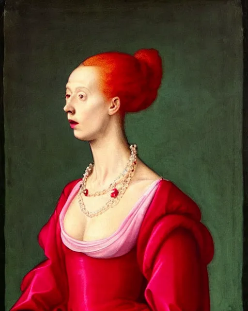 Image similar to portrait of a young pale woman with lilac hair, wearing a neon red dress by Vivienne Westwood, intricate details, super-flat, in the style of Bartholomäus the Elder, renaissance style, black background