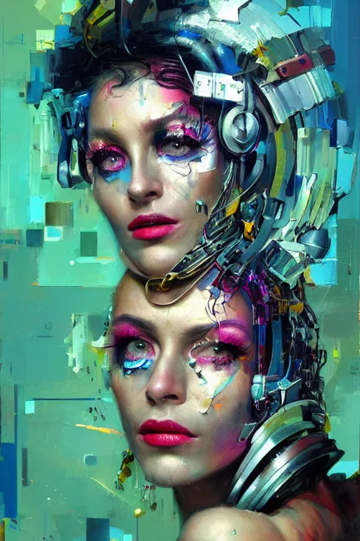 Image similar to portrait, headshot, digital painting, an delightfully mad, wholesome techno - shaman lady, metallic makeup, synthwave, glitch, fracture, realistic, hyperdetailed, chiaroscuro, concept art, painterly, art by john berkey