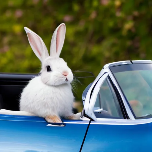 Image similar to a cute bunny driving a convertible, studio photo, high quality