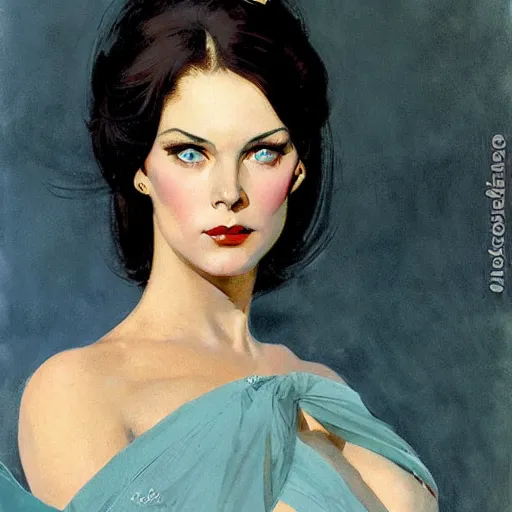 Prompt: Frontal portrait of a woman with ice blue eyes, by Robert McGinnis.